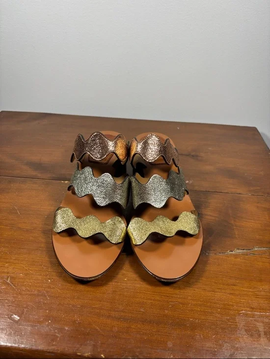 Chloé Metallic Wave Strap Leather Slide Heels Sandals Woman Size 37 earthy Tone - Picture 2 of 16
